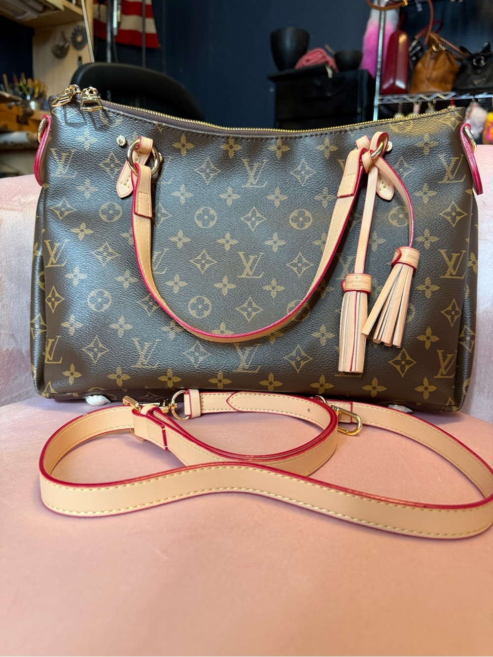 Monogram Canvas Shoulder Bag in Brown with Natural Leather Trim